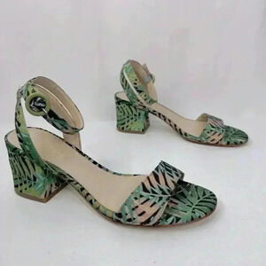Marc Fisher Palila Tropical Sandals Buckle Block Heel Green Palm Leaves Size 7.5